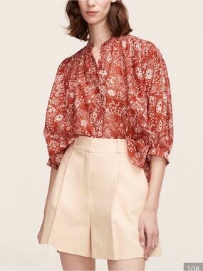 Rebecca Taylor Labyrinth Red White Cotton Voile Geometric Blouse Size L